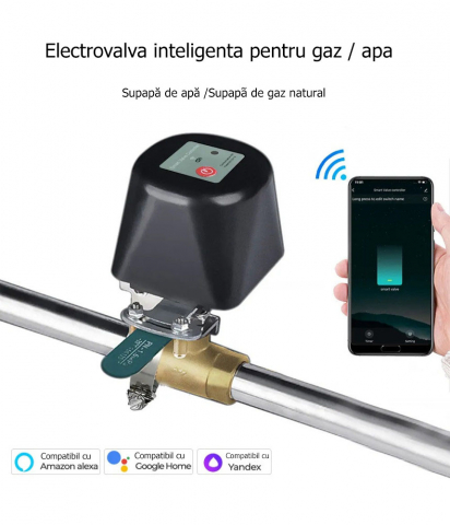 Electrovalva inteligenta pentru apa sau gaz, aplicatie pe telefon cu notificari push, compatibila tuya, smart life, alexa si Google Home, Negru, @SmartWIZ [3]