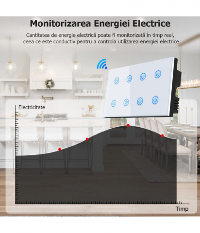 Intrerupator inteligent cu touch Tuya, Life Smart, Wi-Fi, cu sau fara nul, 8 canale, 10A, Sticla securizata, compatibil Amazon Alexa/Google Assistant, Negru @SmartWiz [2]