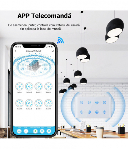 Intrerupator inteligent cu touch Tuya, Life Smart, Wi-Fi, cu sau fara nul, 8 canale, 10A, Sticla securizata, compatibil Amazon Alexa/Google Assistant, Negru @SmartWiz [6]