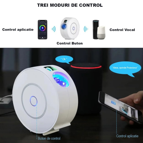 Lampa de veghe tip proiector stele laser cu aplicatie pe telefon, galaxii pentru camera, compatibila cu TUYA, Google Assistant, Amazon Alexa, temporizator, 4 unghiuri @SmartWIZ [1]