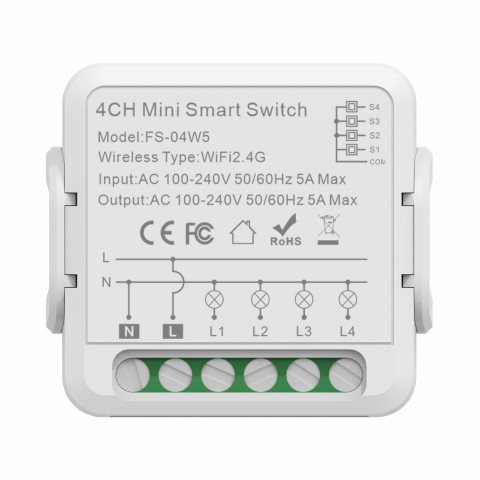 Relee - Mini Releu 4 Canale inteligent Wi-Fi, programabil, Compatibil cu app Tuya, Smart Life, Control vocal, Alexa, Amazon, Google Home, 5A @SmartWiz
