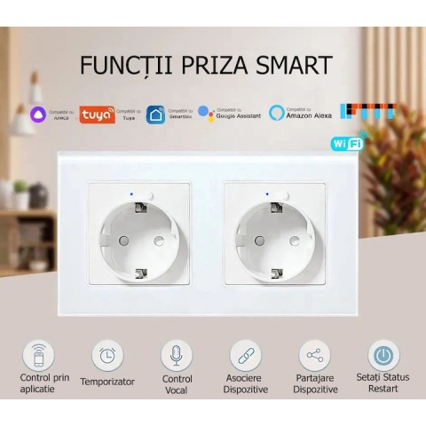 Priza dubla inteligenta de perete, Wi-Fi, Rama din sticla, Monitorizare consum, 16A, Smart Life / Tuya APP, Alb @SmartWiz [2]