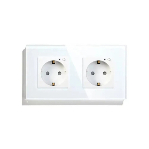 Prize Inteligente - Priza dubla inteligenta de perete, Wi-Fi, Rama din sticla, Monitorizare consum, 16A, Smart Life / Tuya APP, Alb @SmartWiz