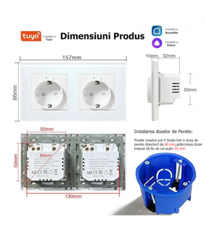 Priza dubla inteligenta de perete16A USB Type-C, Wi-Fi, Rama din sticla, Monitorizare consum, 16A, Smart Life / Tuya APP, Alb @SmartWiz [1]