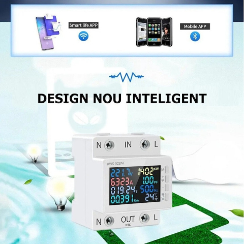 Releu monofazic WIFI, contor de energie inteligent, digital, reglabil, 63A, 230V, protectie subtensiune, supratensiune, suprasarcina, monitorizare KWh, programabil Tuya App @SmartWIZ [1]