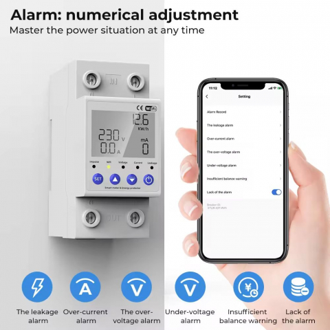 Releu monofazic WIFI, contor de energie inteligent, protectie supratensiune, subtensiune, suprasarcina, reglabil, digital, 63A, 230V, monitorizare KWh, programabil Tuya App @SmartWiz [7]