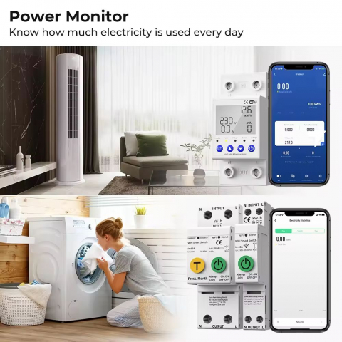 Releu monofazic WIFI, contor de energie inteligent, protectie supratensiune, subtensiune, suprasarcina, reglabil, digital, 63A, 230V, monitorizare KWh, programabil Tuya App @SmartWiz [6]
