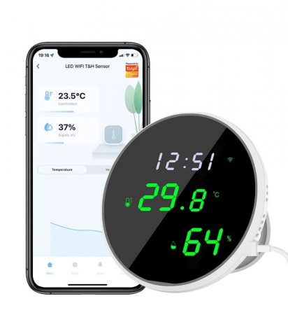 Senzori Inteligenti - Senzor de umiditate si temperatura, Tuya wi-fi Smart Life Alexa Google Home Wifi, Ecran oglinda LED, Hygrometeru, Termometru @Smartwiz