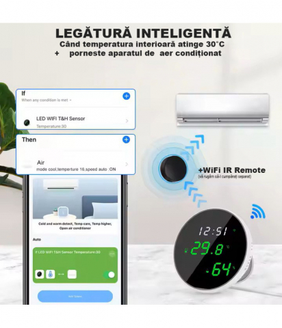 Senzor de umiditate si temperatura, Tuya wi-fi Smart Life Alexa Google Home Wifi, Ecran oglinda LED, Hygrometeru, Termometru @Smartwiz [3]