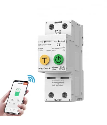 Sigurante Wi-Fi - Siguranta Automata Inteligenta WiFi, Monitorizare Consum, Tuya/Smartlife, 2P Pol, 1P+N, Monofazat, 63A, Compatibila Google Home si Alexa @SmartWIZ