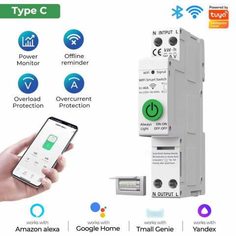 Siguranta Inteligenta, Wi-Fi, 1-40A, 1P, 1P+N, Monitorizare energie, Protectie Supratensiune/Subtensiune, Programare inteligenta, compatibil Tuya, Smart Life APP @SmartWiz [1]