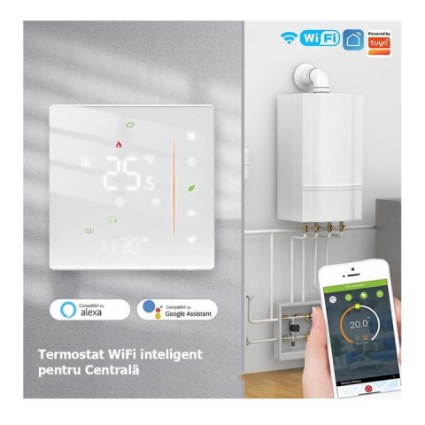 Termostat Inteligent Alb, Centrala, Smart, WIFI, 3-16A, Control prin Aplicatia Tuya, Wireless, Prindere in Doza de Perete, Control Vocal Google Home, Alexa @SmartWiz [2]