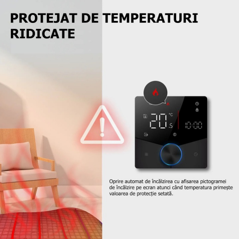 Termostat Inteligent de ambient, Centrala/Boiler Electric cu Rotita, Negru, WIFI, Control prin Aplicatia Tuya, Wireless, Prindere in Doza de Perete, Control Vocal Google Home, Alexa, Negru @SmartWiz [3]