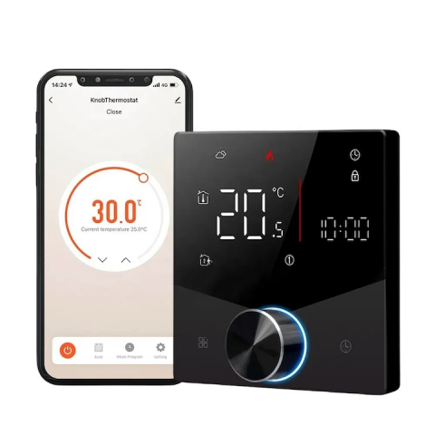 Termostate Wi-Fi - Termostat Inteligent de ambient, Centrala/Boiler Electric cu Rotita, Negru, WIFI, Control prin Aplicatia Tuya, Wireless, Prindere in Doza de Perete, Control Vocal Google Home, Alexa, Negru @SmartWiz