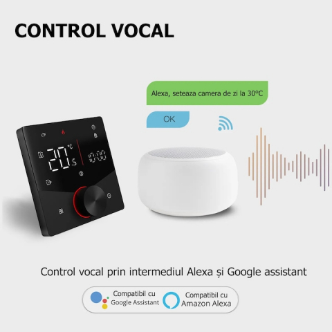 Termostat Inteligent de ambient, Centrala/Boiler Electric cu Rotita, Wi-FI, Control prin Aplicatia Tuya, Wireless, Prindere in Doza de Perete, Control Vocal Google Home, Alexa, Alb @SmartWiz [1]