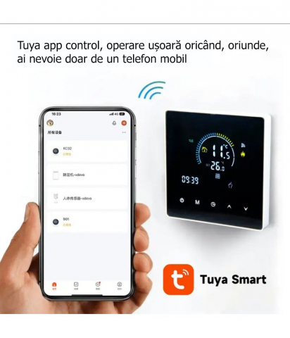 Termostat Inteligent de ambient, HVAC, Pardoseala, Aer Conditionat(AC), TouchScreen, Negru, WIFI, Control prin Aplicatia Tuya, Wireless, Doza de Perete, Control Vocal Google Home, Alexa @SmartWiz [1]