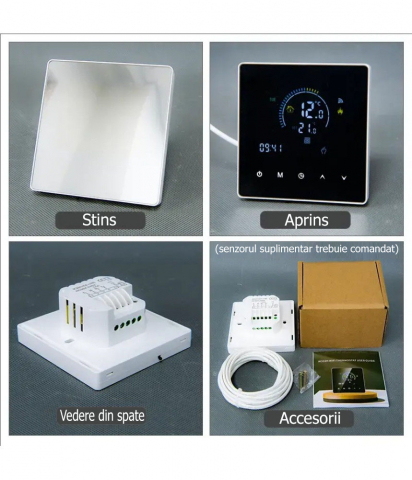 Termostat Inteligent de ambient, HVAC, Pardoseala, Aer Conditionat(AC), TouchScreen, Negru, WIFI, Control prin Aplicatia Tuya, Wireless, Doza de Perete, Control Vocal Google Home, Alexa @SmartWiz [5]