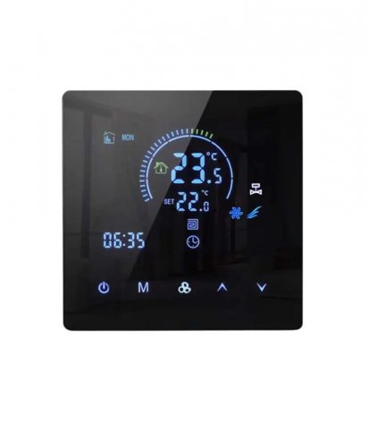 Termostate Wi-Fi - Termostat Inteligent de ambient, HVAC, Pardoseala, Aer Conditionat(AC), TouchScreen, Negru, WIFI, Control prin Aplicatia Tuya, Wireless, Doza de Perete, Control Vocal Google Home, Alexa @SmartWiz