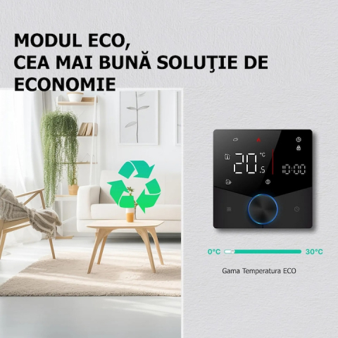Termostat Inteligent de ambient, Pardoseala/Boiler Electric cu Rotita, WIFI, Control prin Aplicatia Tuya, Wireless, Prindere in Doza de Perete, Control Vocal Google Home, Negru Alexa @SmartWiz [2]