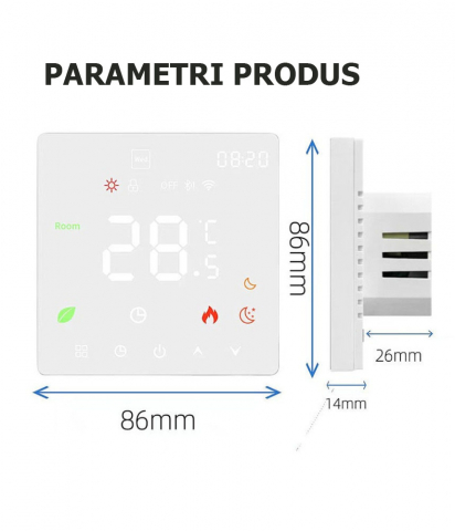 Termostat Inteligent incalzire electrica, TouchScreen, WIFI, Control prin Aplicatia Tuya, Wireless, Prindere in Doza de Perete, Control Vocal Google Home, Alexa, ALB @SmartWiz [3]