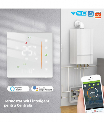 Termostat Inteligent Pardoseala/Boiler electric, Smart, WIFI, Control prin Aplicatia Tuya, Wireless, Prindere in Doza de Perete, Control Vocal Google Home, Alexa @SmartWiz [2]