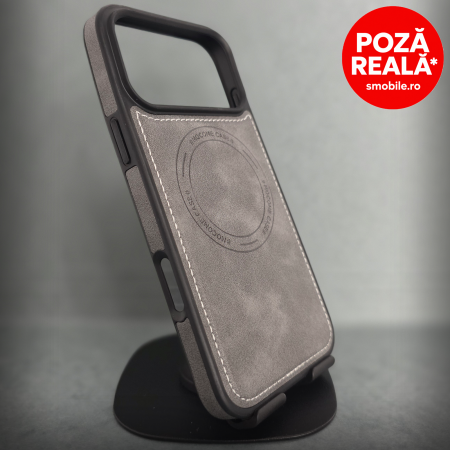 Iphone 17 Pro - Husa pentru iPhone 17 Pro - Gri Textura Piele - PREMIUM - MagSafe Inel Magnetic