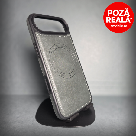 Iphone 17 Air - Husa pentru iPhone 17 Air - Gri Textura Piele -  PREMIUM - MagSafe Inel Magnetic