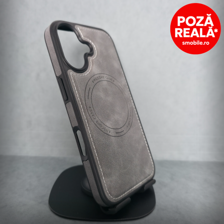 Iphone 17 - Husa pentru iPhone 17 - Gri Textura Piele - PREMIUM - MagSafe Inel Magnetic