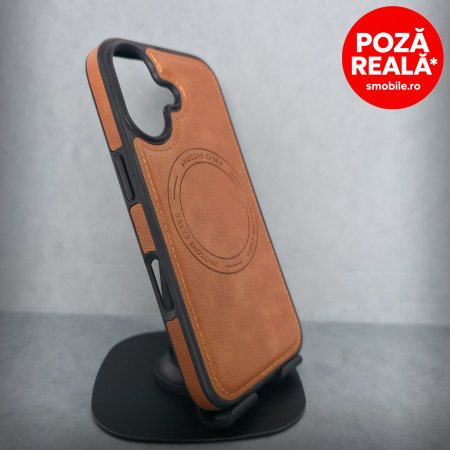 Iphone 17 - Husa pentru iPhone 17 - BrownTextura Piele - PREMIUM - MagSafe Inel Magnetic