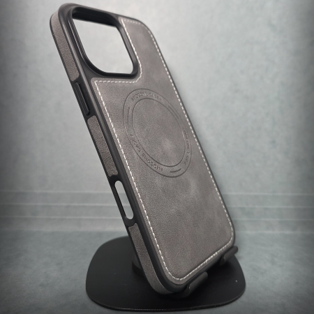 Huse și carcase de telefoane - Husa pentru iPhone 16 Pro Max - Gri Textura Piele - PREMIUM - MagSafe Inel Magnetic