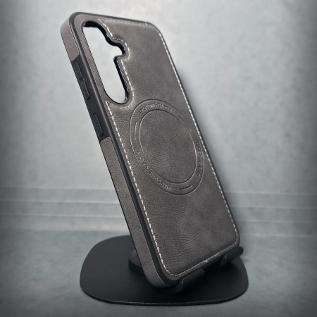 Samsung S24 FE - Husa pentru Samsung Galaxy S24 FE - Gri Textura Piele -  PREMIUM - MagSafe Inel Magnetic