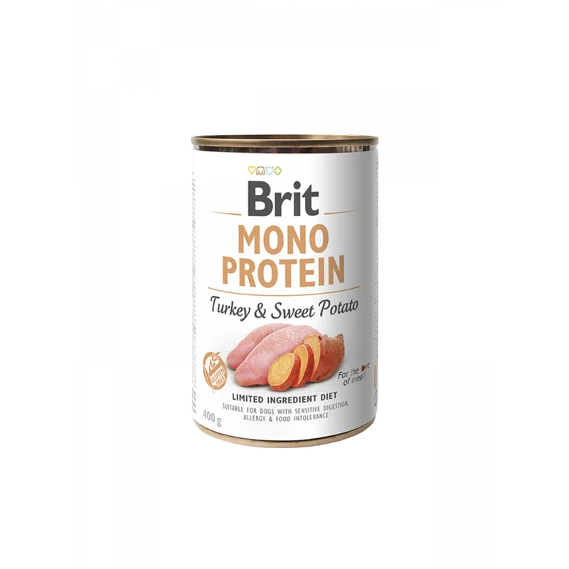 Hrana umeda caini - Brit Mono Protein Curcan si Cartofi dulci ideal pentru caini cu digestie sensibila sau alergii