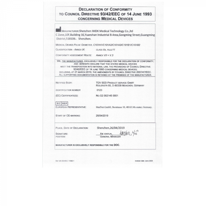 Pulsoximetru pentru deget, Certificat Medical [14]