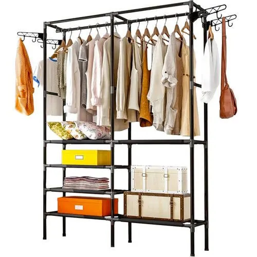 Cuier haine metalic cu 6 rafturi și 8 cârlige, dressing deschis pentru hol, negru, 173x108x36 cm [2]