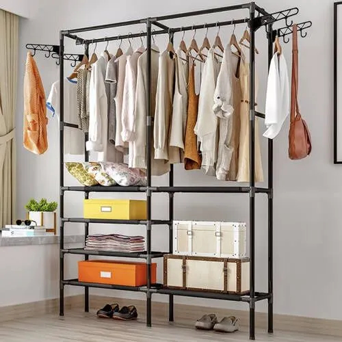 Cuier haine metalic cu 6 rafturi și 8 cârlige, dressing deschis pentru hol, negru, 173x108x36 cm [6]