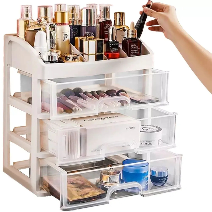 Organizator cosmetice și machiaj cu 3 sertare transparente, plastic PP, 6 compartimente, 27x23,5x17 cm [2]