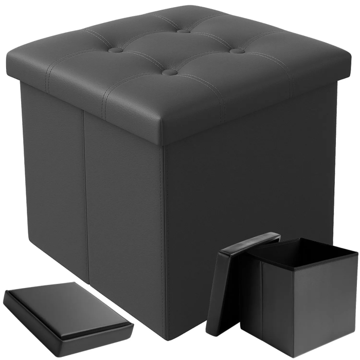 Taburet pliabil cu spațiu de depozitare, piele ecologică gri, cutie puf 38x38x38 cm, suportă 100 kg [2]