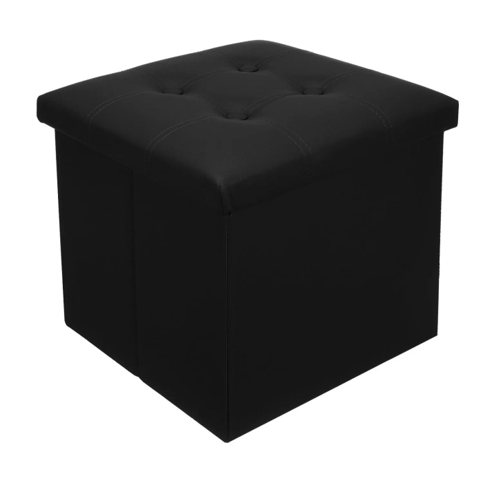 Taburet pliabil cu spațiu de depozitare, piele ecologică neagră, cutie puf 38x38x38 cm, suportă 100 kg [5]
