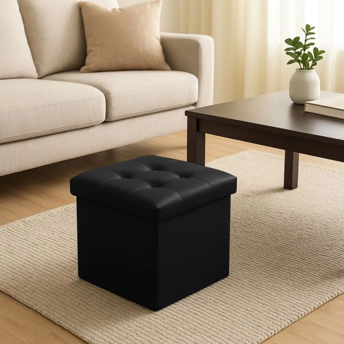 Taburet pliabil cu spațiu de depozitare, piele ecologică neagră, cutie puf 38x38x38 cm, suportă 100 kg [6]