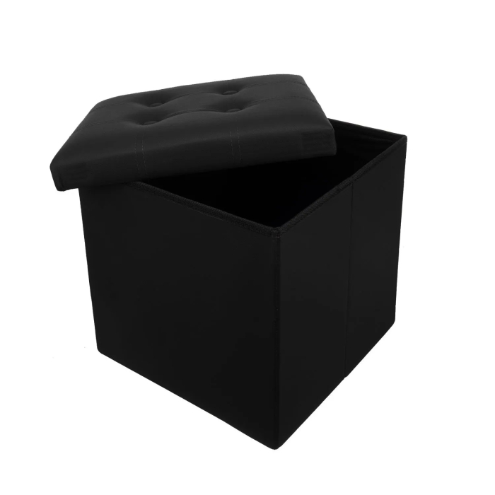 Taburet pliabil cu spațiu de depozitare, piele ecologică neagră, cutie puf 38x38x38 cm, suportă 100 kg [2]
