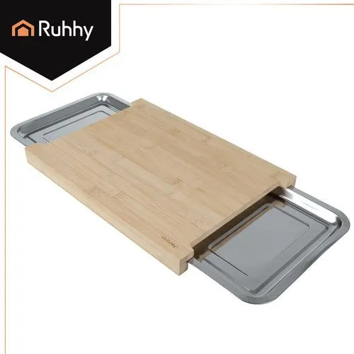 Tocător bambus cu 2 recipiente inox detașabile, fund de lemn pentru bucătărie, 40x30 cm [2]