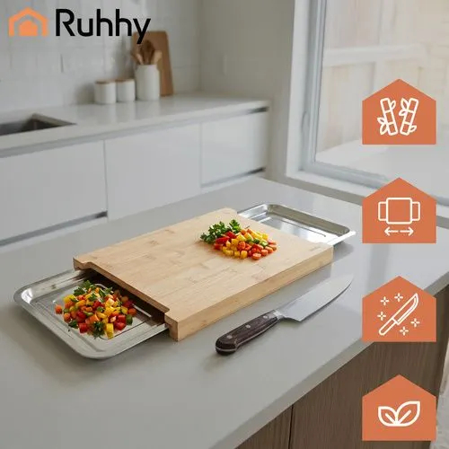 Tocător bambus cu 2 recipiente inox detașabile, fund de lemn pentru bucătărie, 40x30 cm [10]