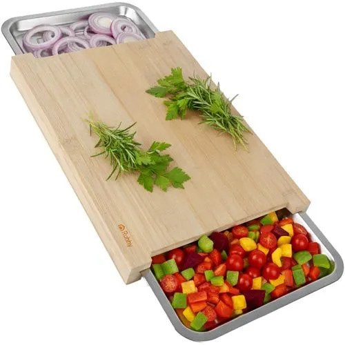 Tocător bambus cu 2 recipiente inox detașabile, fund de lemn pentru bucătărie, 40x30 cm [11]