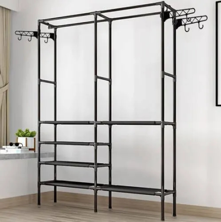 Cuier haine metalic cu 6 rafturi și 8 cârlige, dressing deschis pentru hol, negru, 173x108x36 cm [10]