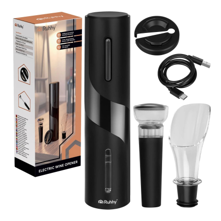 Accesorii vin - Deschizător electric de vin set 4 piese, tirbușon automat USB-C, turnător, dop vid, cutter folie
