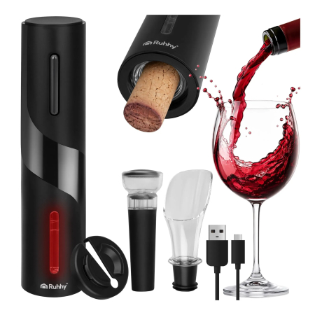 Deschizător electric de vin set 4 piese, tirbușon automat USB-C, turnător, dop vid, cutter folie [2]