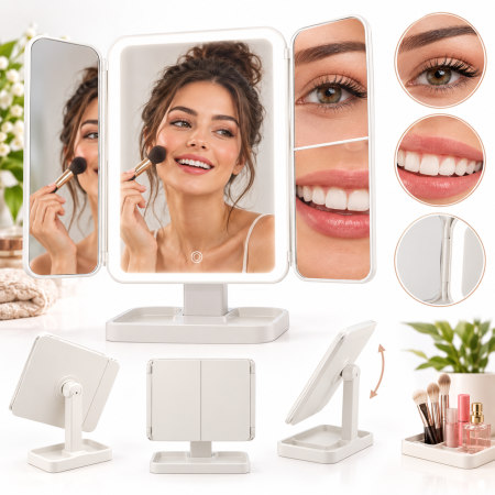 Oglinzi cosmetice - Oglindă machiaj cu LED, pliabilă, cu lupă de mărire, tip Hollywood, alimentare USB, 21x13,5x31 cm