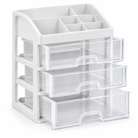 Organizatoare cosmetice - Organizator cosmetice și machiaj cu 3 sertare transparente, plastic PP, 6 compartimente, 27x23,5x17 cm