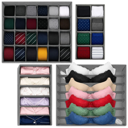 Organizatoare sertar - Set 4 organizatoare sertar pentru lenjerie și șosete, 45 compartimente textile, gri, pliabile