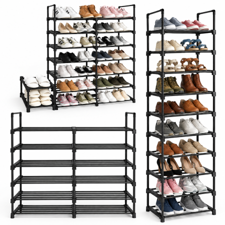 Pantofare - Pantofar îngust 10 niveluri, raft pantofi metalic pentru hol, negru, 45x30x174 cm